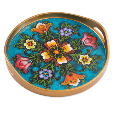 Tulip Motif Reverse-Painted Glass Tray in Blue from Peru