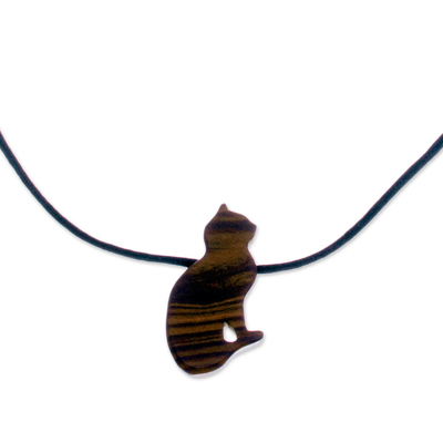 Handcrafted Wood Cat Pendant Necklace from Peru