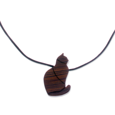 Guacayan Wood Cat Pendant Necklace from Peru