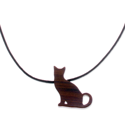 Handmade Wood Cat Pendant Necklace from Peru