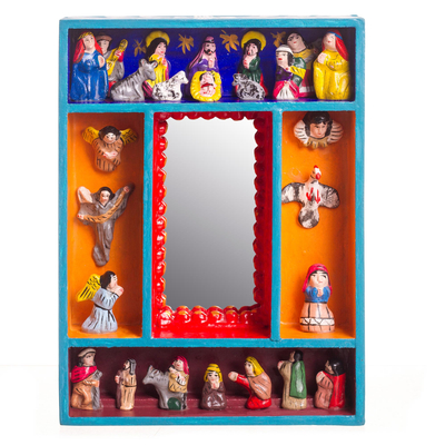 Nativity-Themed Wood and Ceramic Wall Mirror from Peru