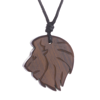Hand-Carved Lion Wood Pendant Necklace from Peru