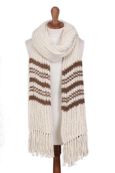 100% Baby Alpaca Antique White and Brown Hand Knit Scarf