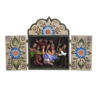 Dance-Themed Wood and Ceramic Retablo from Peru