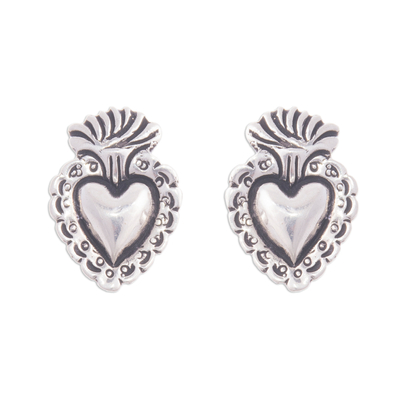 Religious Heart 950 Silver Button Earrings from Peru