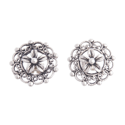 Floral 950 Silver Filigree Button Earrings Crafted in Peru