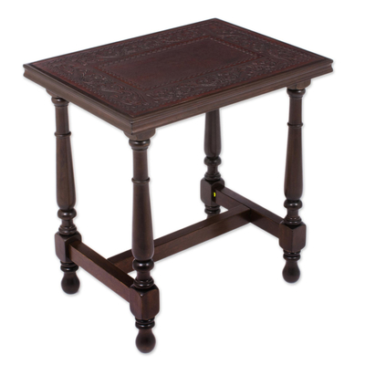 Vine Motif Leather and Wood Accent Table from Peru