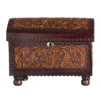 Vine Pattern Leather and Wood Jewelry Chest from Peru