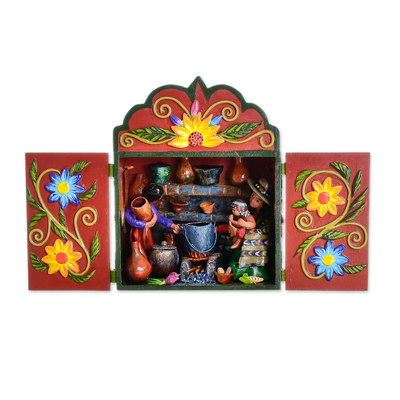 Cooking-Themed Hand-Painted Wood and Ceramic Retablo