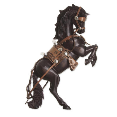 Leather Accented Cedar Wood Rearing Horse Sculpture