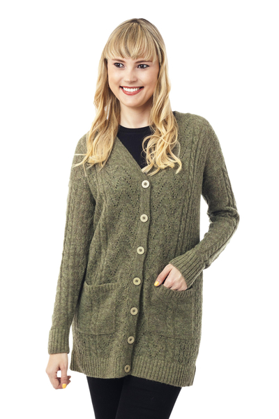 Cable Knit Baby Apaca Blend Cardigan in Olive from Peru
