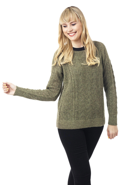 Cable Knit Baby Apaca Blend Pullover in Olive from Peru