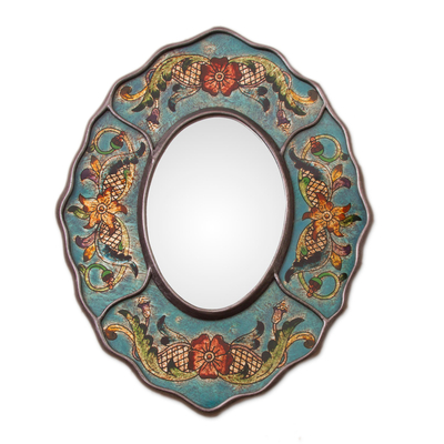 Turquoise Floral Reverse-Painted Glass Wall Mirror from Peru