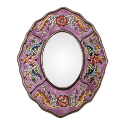 Purple Floral Reverse-Painted Glass Wall Mirror from Peru