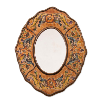 Brown Floral Reverse-Painted Glass Wall Mirror from Peru
