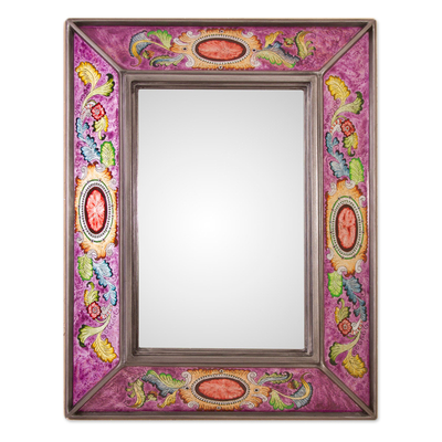 Floral Reverse-Painted Glass Wall Mirror in Purple from Peru