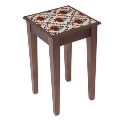 Red Floral Reverse-Painted Glass Accent Table from Peru