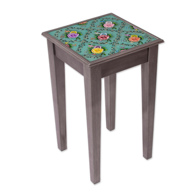 Floral Reverse-Painted Glass Accent Table from Peru