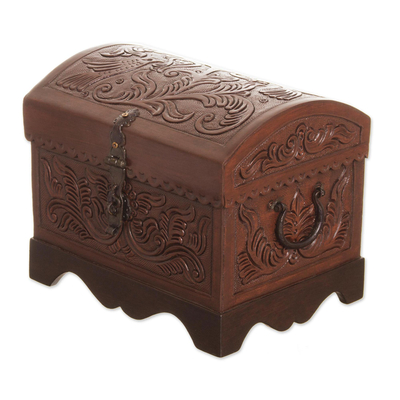 Brown Bird Pattern Leather and Wood Decorative Box from Peru