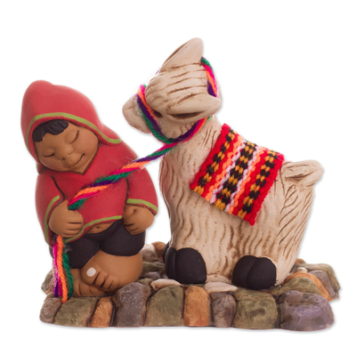 Ceramic Figurine of a Man with a Llama from Peru