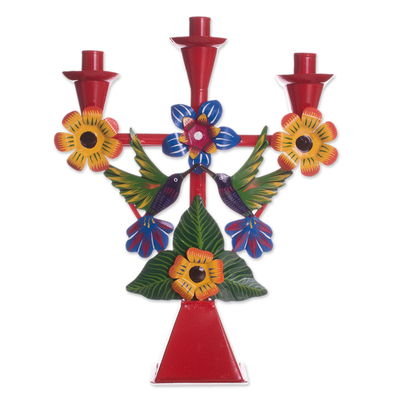 Hummingbird-Themed Recycled Metal Candelabra in Red