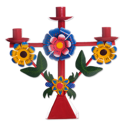 Floral Recycled Metal Candelabra in Red from Peru