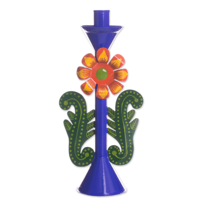 Recycled Metal Flower Candle Holder in Blue from Peru