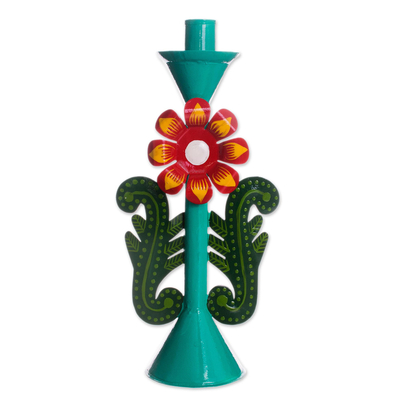 Recycled Metal Flower Candle Holder in Aqua from Peru