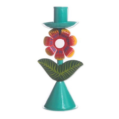 Floral Recycled Metal Candle Holder in Aqua from Peru