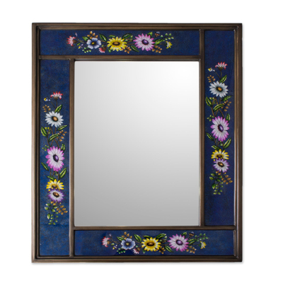Blue Floral Reverse-Painted Glass Wall Mirror from Peru