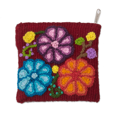 Floral Embroidered Wool Coin Purse in Cherry from Peru
