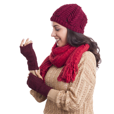 Patterned 100% Baby Alpaca Fingerless Mitts in Maroon