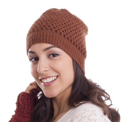 Hand-Crocheted Burnt Orange Alpaca Blend Hat from Peru