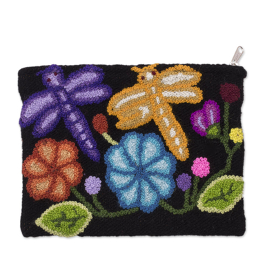 Dragonfly Pattern Embroidered Wool Clutch from Peru