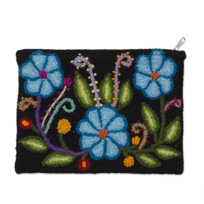 Blue Floral Embroidered Wool Clutch from Peru