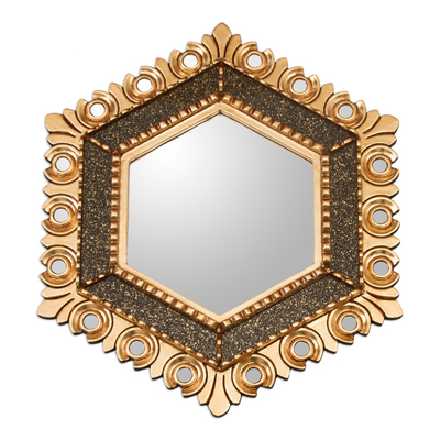 Circle Motif Hexagonal Bronze Gilded Wood Wall Mirror