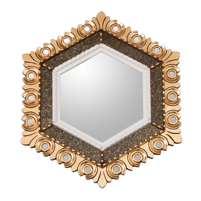 Peruvian Bronze Leaf Wood Wall Mirror in a Hexagon Shape