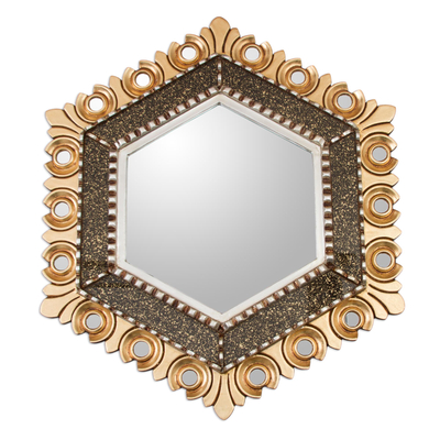 Hexagonal Bronze and Silver Gilded Wood Wall Mirror