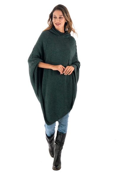 Knit Alpaca Blend Hooded Poncho in Moss from Peru