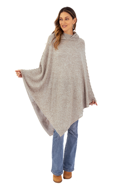 Knit Alpaca Blend Hooded Poncho in Taupe from Peru