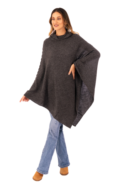 Knit Alpaca Blend Hooded Poncho in Graphite from Peru