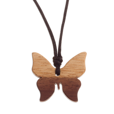 Light Brown Wood Butterfly Pendant Necklace from Peru