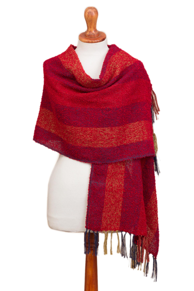Alpaca Blend Fringed Shawl with Red Stripes from Peru