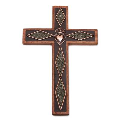 Copper and Wood Wall Cross with Pyrite Accents from Peru