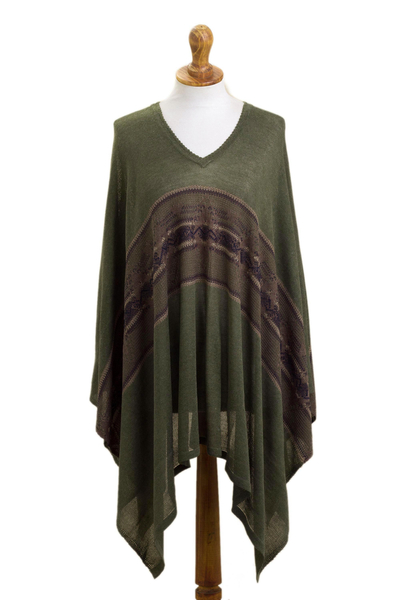 Woven Cotton Blend Poncho in Olive Green from Peru