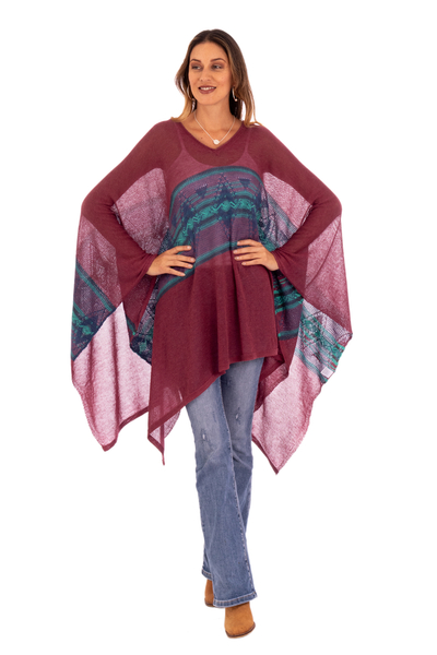 Cotton Blend Poncho in Cerise and Blue from Peru