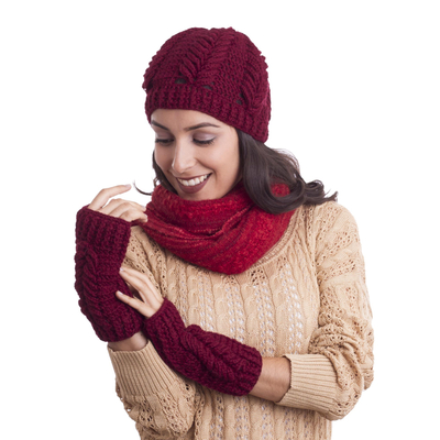 Patterned 100% Alpaca Fingerless Mitts in Wine from Peru