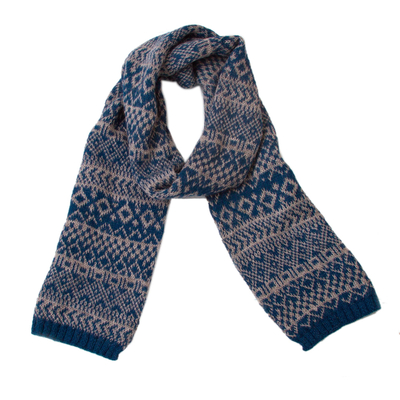 Blue & Grey Geometric Knit 100% Alpaca Wrap from Peru