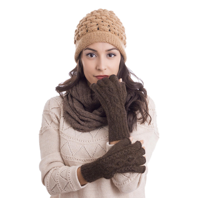 Hand-Knit 100% Alpaca Fingerless Gloves in Mahogany
