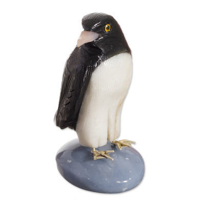 Black and White Onyx Gemstone Penguin Sculpture from Peru